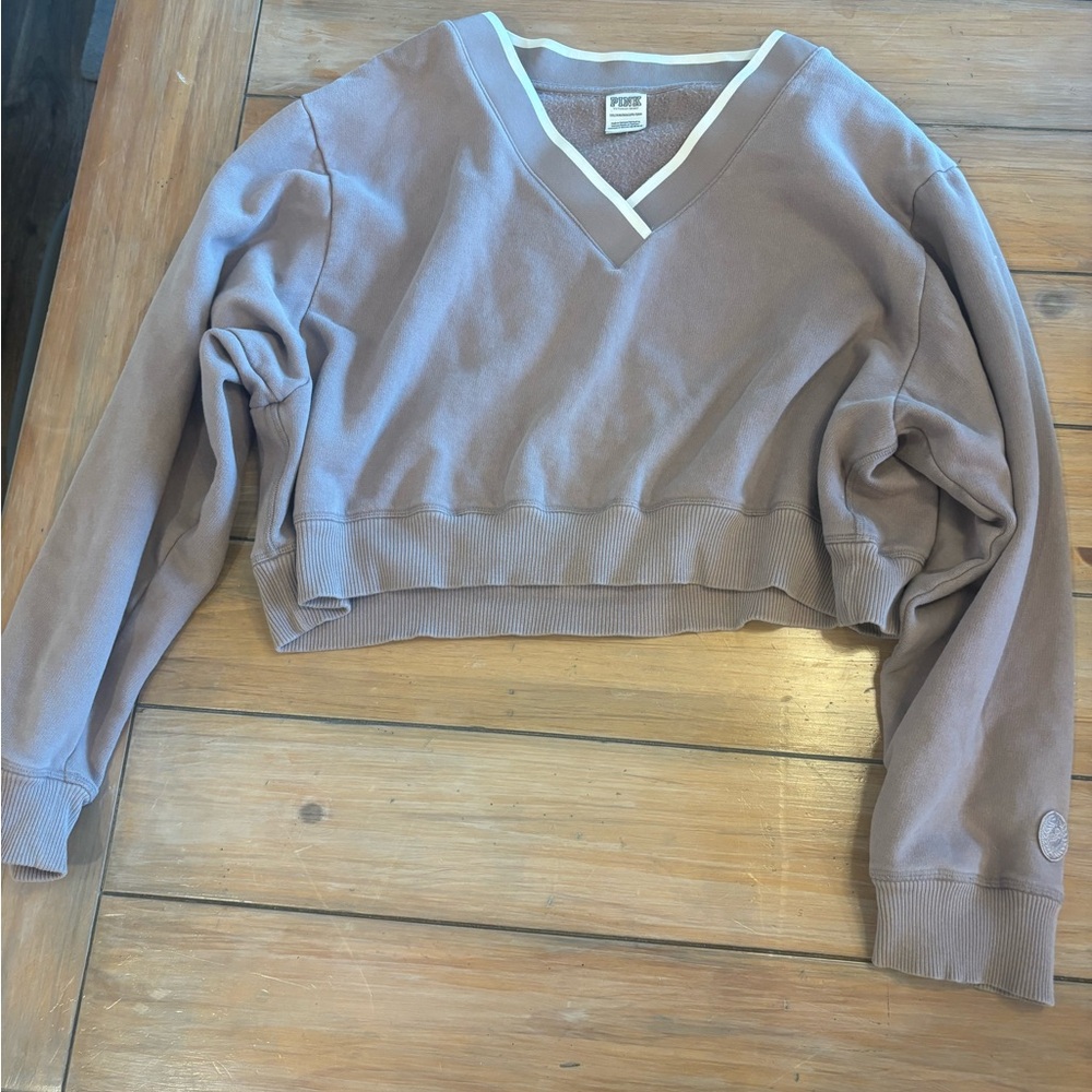 PINK Victoria's Secret Cropped V-Neck Sweatshirt in Taupe with White Trim